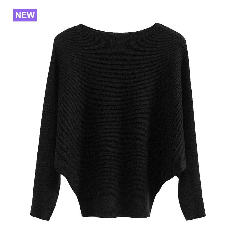 Cotton Polyester Blend Boat Neck Pullover Sweater with Batwing Sleeves